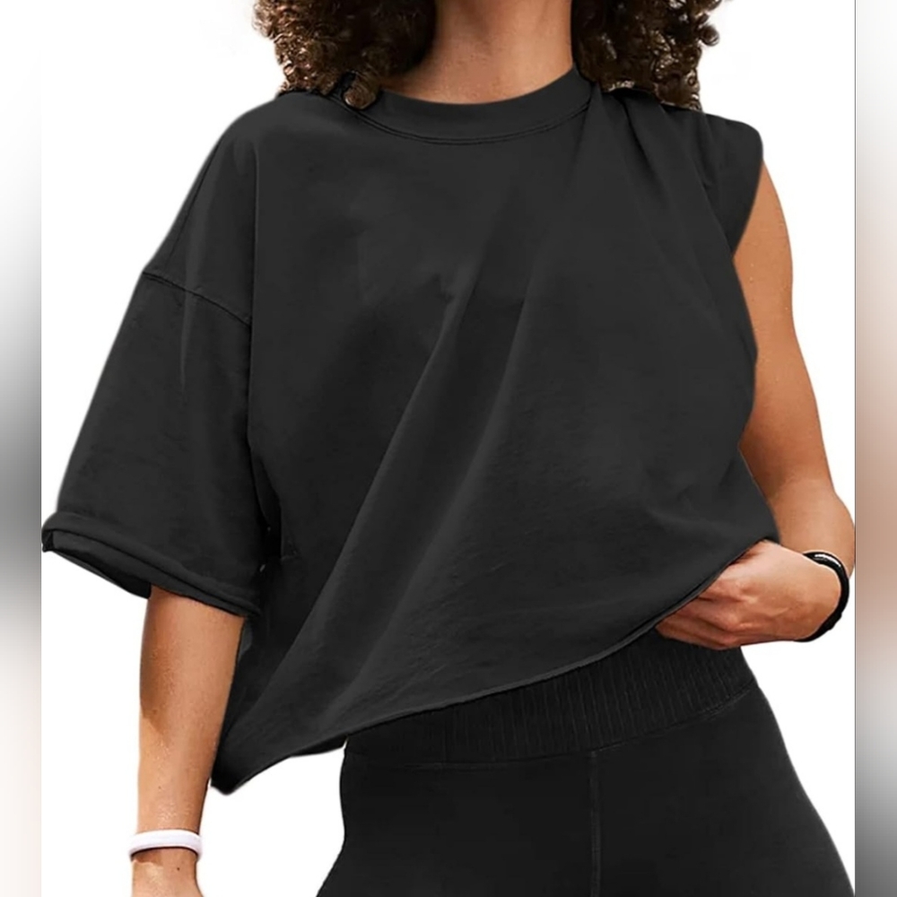 Oversize Workout Crop Tops Short Sleeve Crewneck